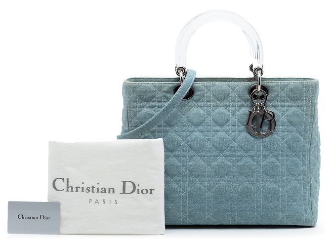 Borsa satchel Lady Dior in denim blu grande con manici in acrilico cannage - vista 7
