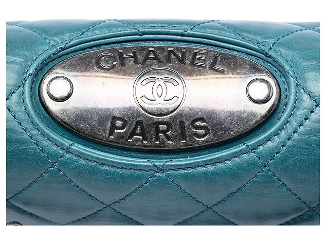 Borsa a tracolla Chanel Quilted Calfskin Plaque Double Flap Blu - vista 5