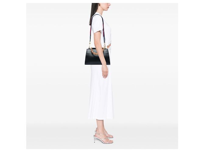 Bamboo Borsa Satchel Gucci Nymphaea Small in pelle di vitello nera con bambù e Web Nero - vista 7