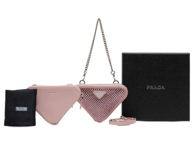 Borsetta Triangle Prada Mini in raso e pelle rosa con cristalli - vista 12