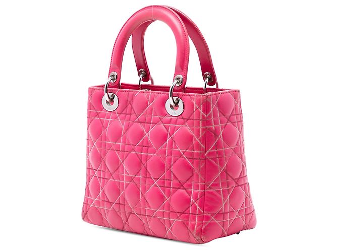 Borsa Lady Dior Medium in pelle d'agnello Cannage rosa con cuciture a contrasto - vista 2