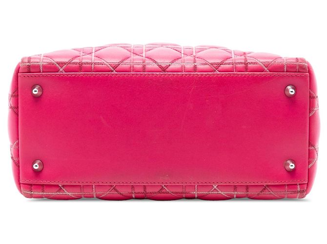 Borsa Lady Dior Medium in pelle d'agnello Cannage rosa con cuciture a contrasto - vista 3