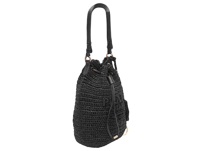 Borsa a secchiello Prada in rafia e pelle nera Nero - vista 3