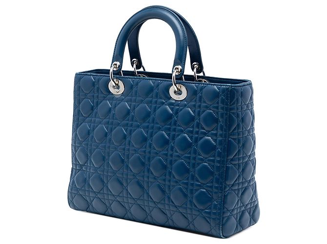 Borsa Lady Dior Large in pelle d'agnello Cannage blu - vista 2
