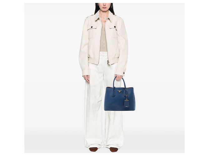 Borsa Double Satchel Prada Medium in pelle Saffiano blu - vista 6
