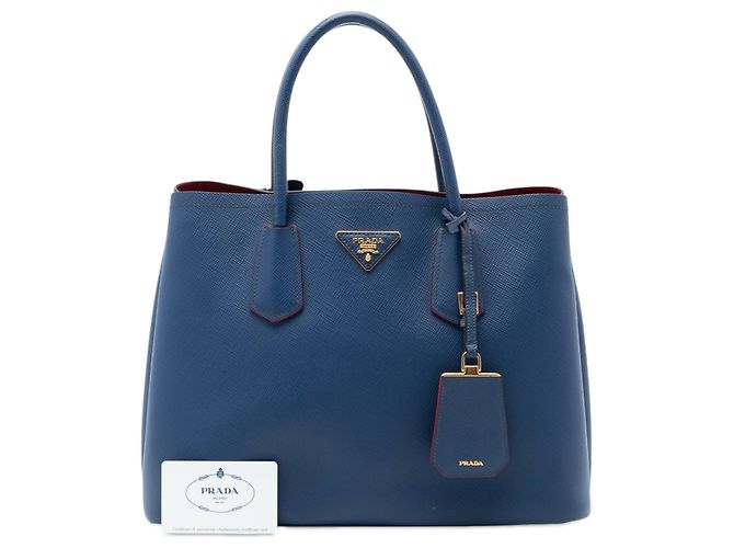 Borsa Double Satchel Prada Medium in pelle Saffiano blu - vista 7