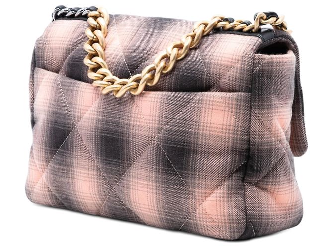 Borsa Chanel 19 Flap Satchel Large in cotone a quadri rosa - vista 2