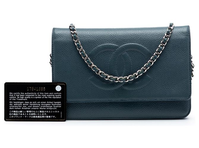 Borsa a tracolla Chanel CC Caviar Wallet On Chain Blu - vista 7