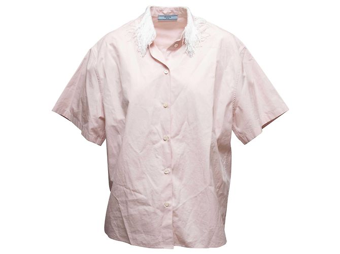 Prada Kurzarm-Hemd in Hellrosa & Weiß mit Fransenkragen Größe IT 36 Pink - Ansicht 2