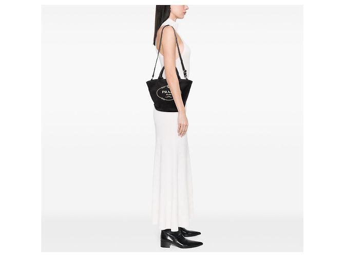 Borsa Tote Satchel Prada in tela Canapa con logo nera Nero - vista 6