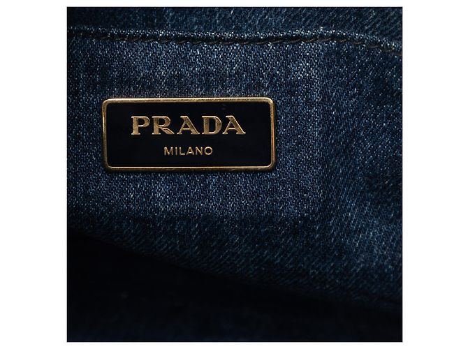 Tote Borsa Satchel Prada Small Denim Canapa Logo Blu - vista 5