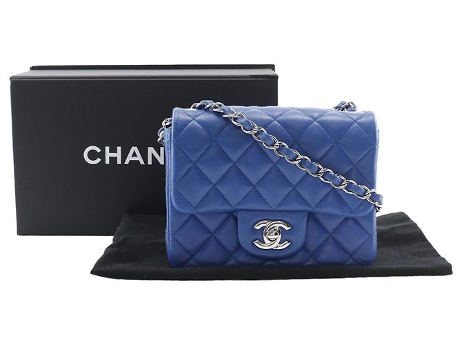 Borsa a tracolla Chanel Mini Square Classic in pelle di agnello blu con patta singola - vista 14