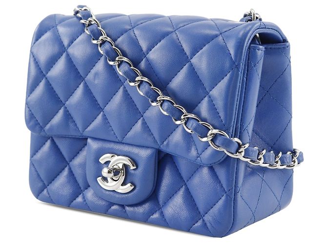 Borsa a tracolla Chanel Mini Square Classic in pelle di agnello blu con patta singola - vista 2