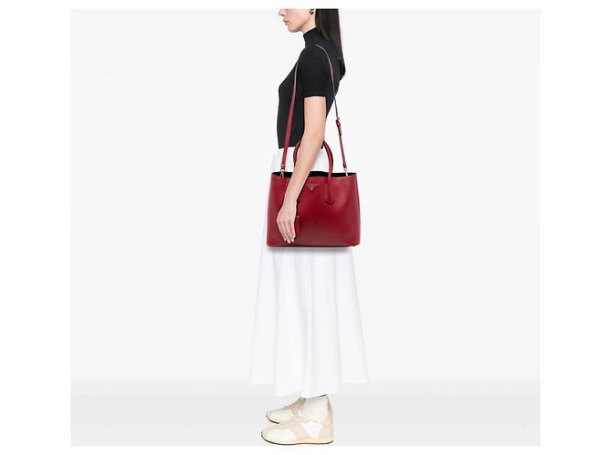 Borsa Satchel Doppia Prada Medium in Pelle Saffiano Rossa Rosso - vista 6