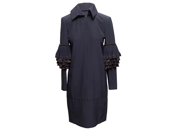 Designers Remix Navy Chanel Silk Ruffle-Trimmed Zip Coat Size FR 36 - view 2
