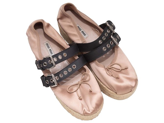 Miu Miu Plateau Mary Jane Espadrilles Hellrosa & Schwarz Größe 38.5 Pink - Ansicht 2