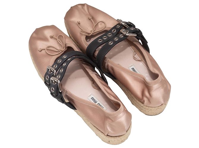Miu Miu Plateau Mary Jane Espadrilles Hellrosa & Schwarz Größe 38.5 Pink - Ansicht 3