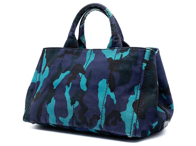 Tote Borsa Satchel Prada in tela Canvas Canapa blu con logo camouflage - vista 2