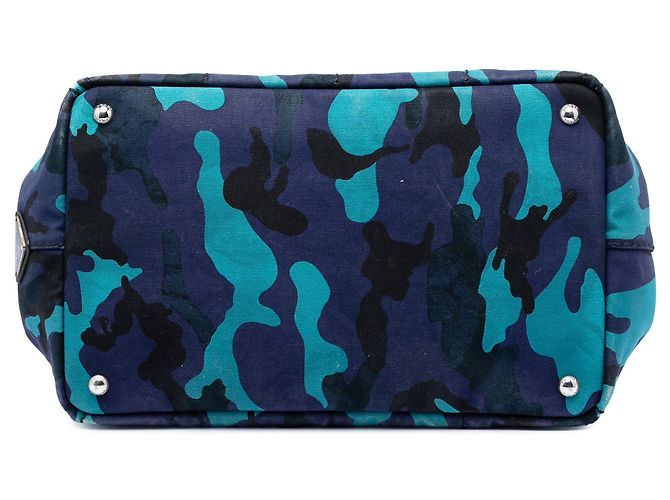 Tote Borsa Satchel Prada in tela Canvas Canapa blu con logo camouflage - vista 3
