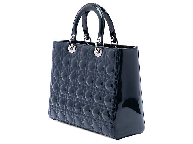 Borsa Lady Dior Large in pelle vernice Cannage Blu - vista 2