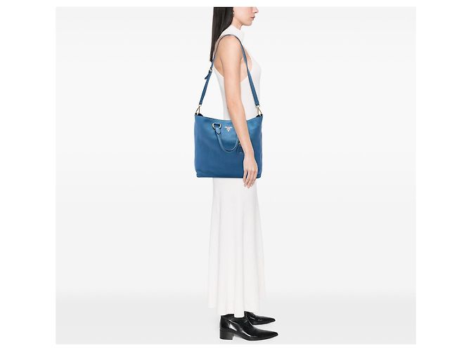 Borsa Tote Satchel Aperta Convertibile Prada Vitello Daino Blu - vista 6