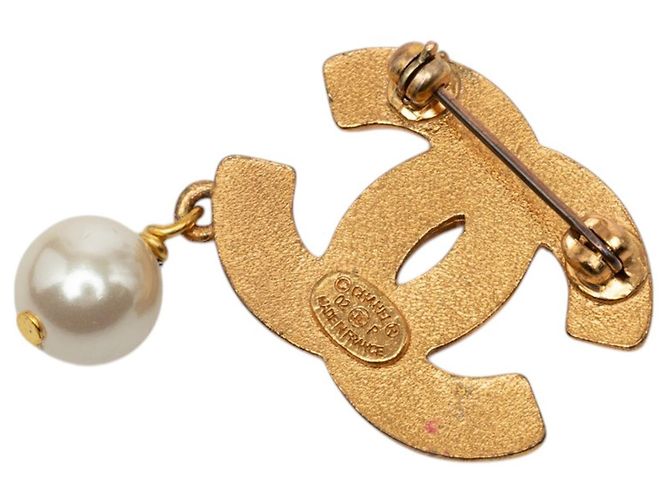 Spilla pendente Chanel CC placcata oro con strass e perle finte D'oro - vista 2