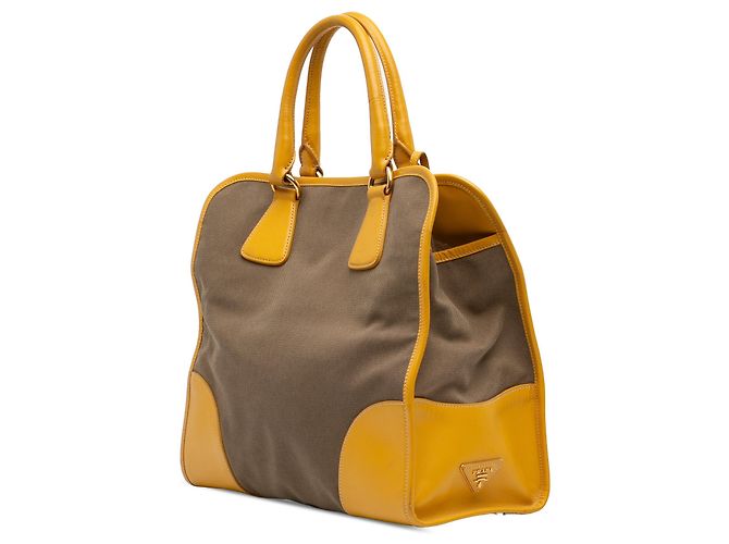 Borsa satchel Prada in tela Canapa con logo e rifiniture in pelle Saffiano marrone - vista 2