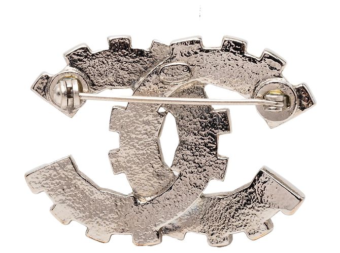 Spilla Baguette Chanel CC in Ottone Argento e Strass - vista 2