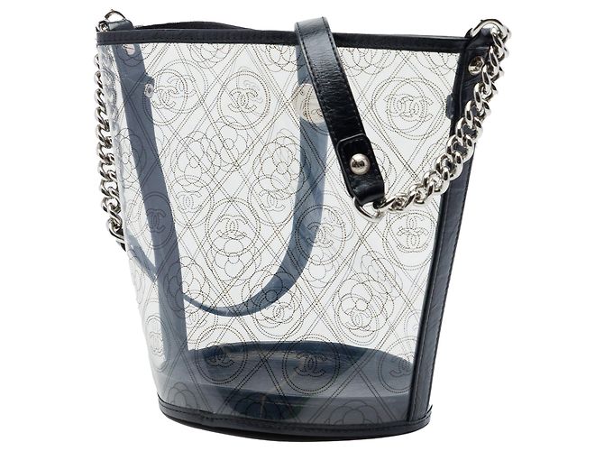 Borsa a secchiello Chanel Coco Camellia Medium in PVC nero e vitello stropicciato - vista 2