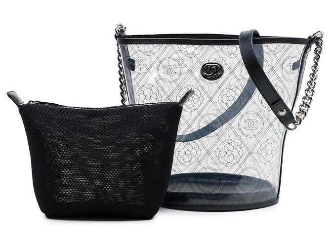 Borsa a secchiello Chanel Coco Camellia Medium in PVC nero e vitello stropicciato - vista 7