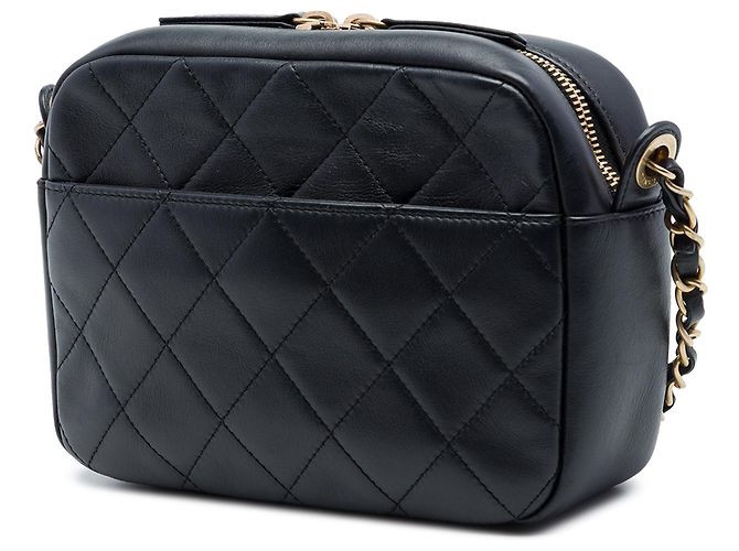 Borsa Camera Chanel in vitello matelassé nera con logo e catena Nero - vista 2
