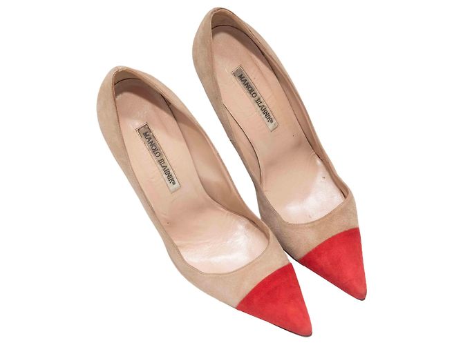 Décolleté in camoscio con punta a spillo e cap-toe Manolo Blahnik Beige & Red Taglia 40 - vista 2