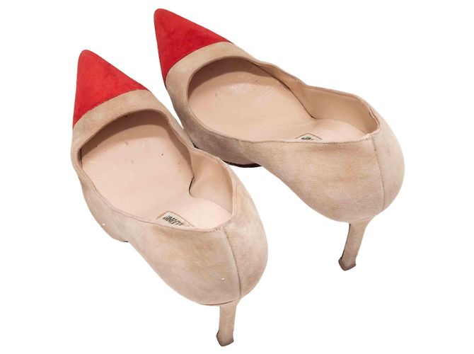 Décolleté in camoscio con punta a spillo e cap-toe Manolo Blahnik Beige & Red Taglia 40 - vista 3