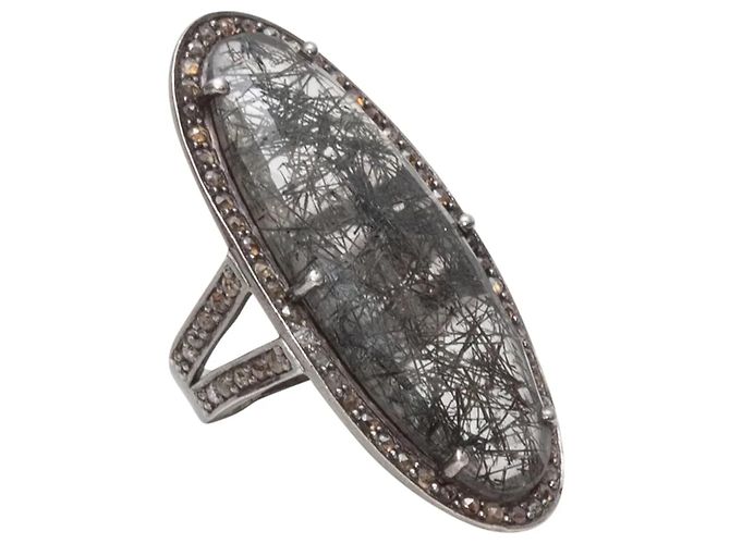 Autre Marque Anello Bavna in Argento Sterling, Labradorite e Diamanti Pavé Misura US 7 - vista 2