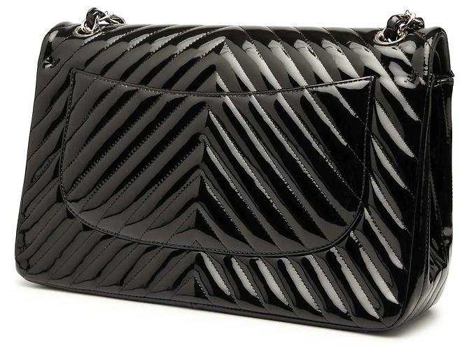 Borsa a tracolla Chanel Jumbo Classic Chevron Patent Double Flap Nera Nero - vista 2