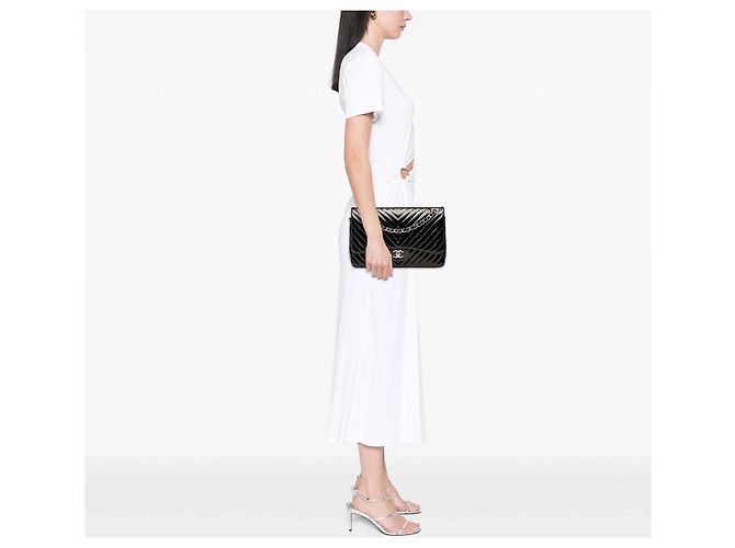 Borsa a tracolla Chanel Jumbo Classic Chevron Patent Double Flap Nera Nero - vista 7