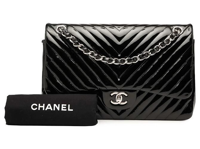 Borsa a tracolla Chanel Jumbo Classic Chevron Patent Double Flap Nera Nero - vista 8