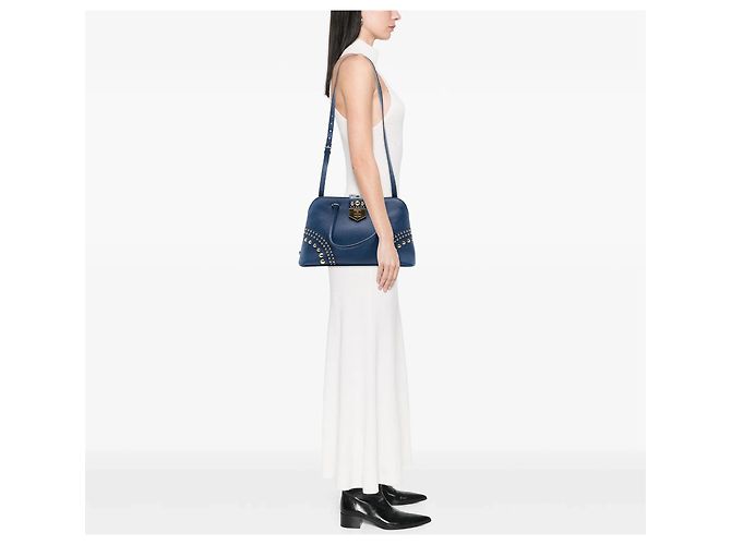 Borsa Promenade Prada in pelle Saffiano blu con borchie - vista 5