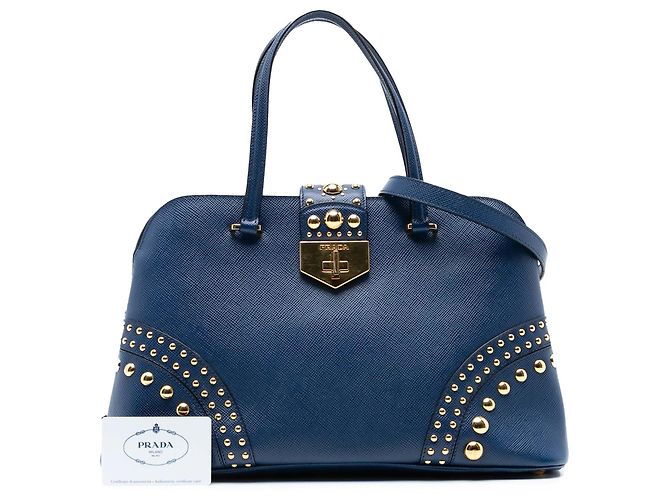Borsa Promenade Prada in pelle Saffiano blu con borchie - vista 6