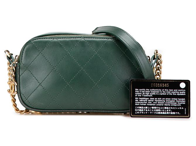 Borsa Camera Chanel in vitello trapuntato e grosgrain verde con bottoni e doppia zip - vista 13