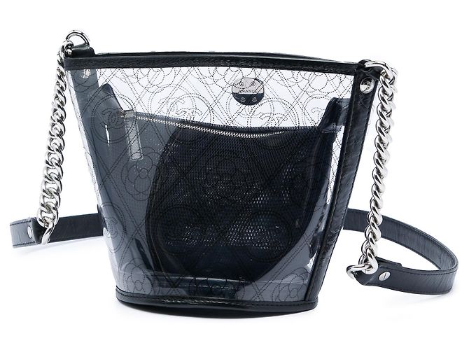 Borsa a secchiello Chanel Coco Camellia Small in PVC nero e vitello stropicciato - vista 2