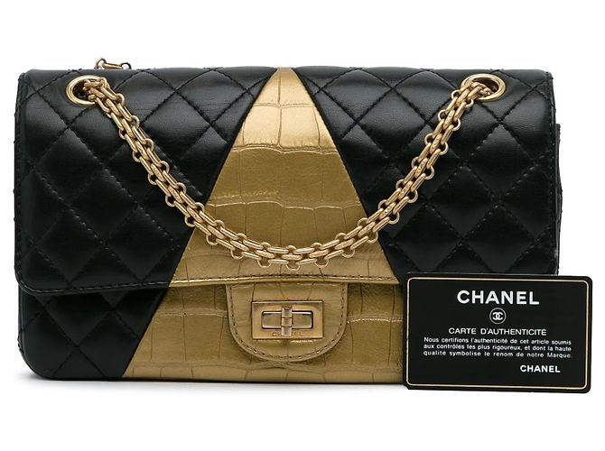 Borsa Chanel 2.55 Reissue Double Flap Medium in pelle d'agnello embossed croc nera Nero - vista 15