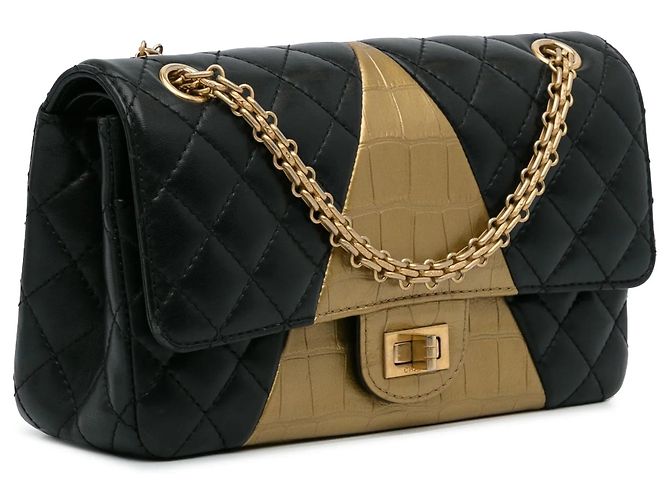 Borsa Chanel 2.55 Reissue Double Flap Medium in pelle d'agnello embossed croc nera Nero - vista 2