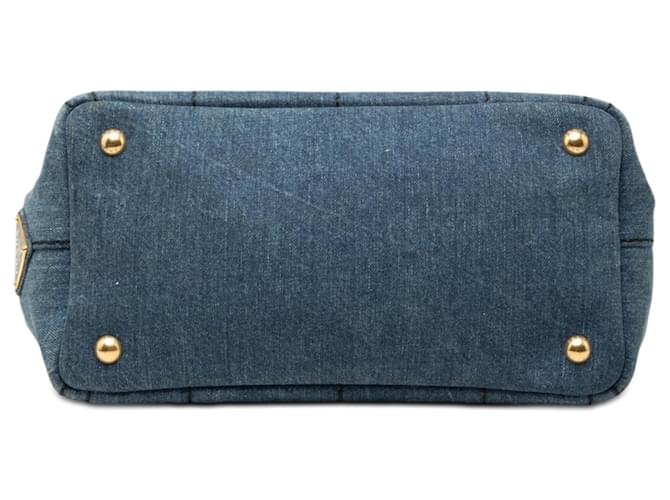 Tote Borsa Satchel Prada Small Denim Canapa Logo Blu - vista 3