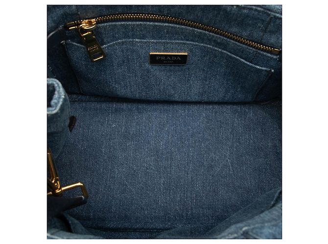 Tote Borsa Satchel Prada Small Denim Canapa Logo Blu - vista 4