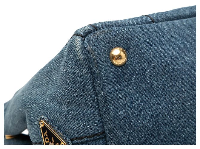 Tote Borsa Satchel Prada Small Denim Canapa Logo Blu - vista 7