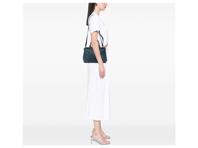Tote Borsa Satchel Prada Small Denim Canapa Logo Blu - vista 8