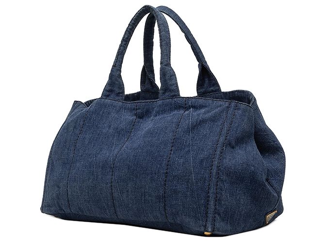 Tote Borsa Satchel Prada Large Denim Canapa Logo Blu - vista 2