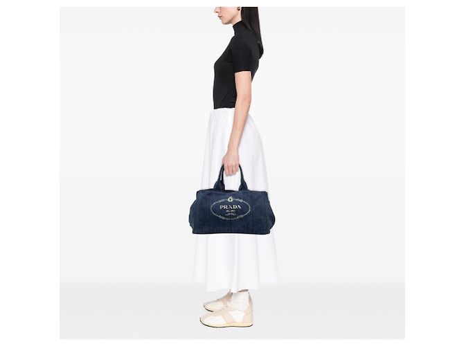 Tote Borsa Satchel Prada Large Denim Canapa Logo Blu - vista 6