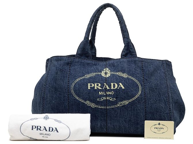 Tote Borsa Satchel Prada Large Denim Canapa Logo Blu - vista 7